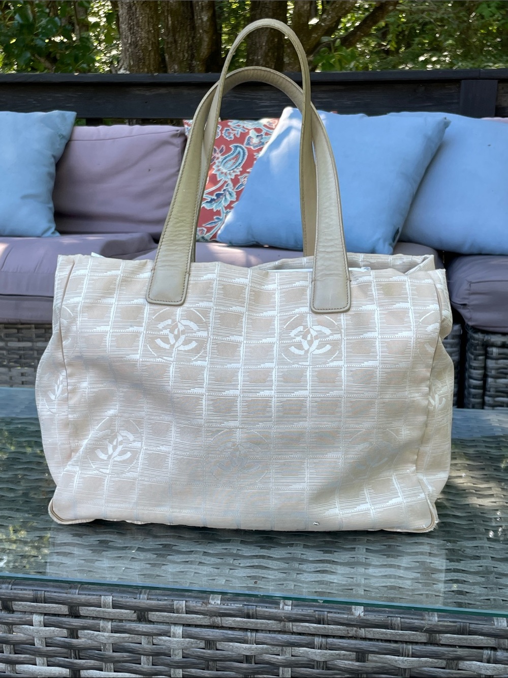 CHANEL Cream Quilted Logo Tote with Top Handles